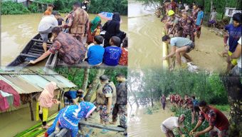 সিলেটে বিজিবি কর্তৃক বন্যা কবলিতদের মাঝে খাদ্য সামগ্রী বিতরণ, বাঁধ মেরামত ও উদ্ধার কার্যক্রম অব্যাহত