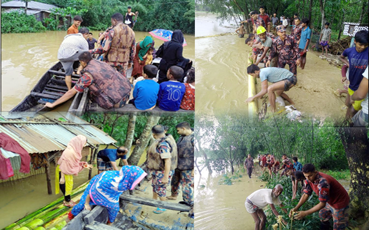 সিলেটে বিজিবি কর্তৃক বন্যা কবলিতদের মাঝে খাদ্য সামগ্রী বিতরণ, বাঁধ মেরামত ও উদ্ধার কার্যক্রম অব্যাহত