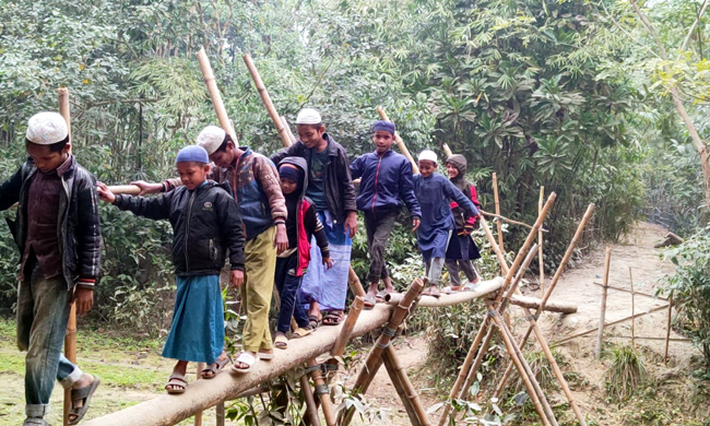 গোয়াইনঘাটে জরাজীর্ণ বাঁশের সাঁকোটিই একমাত্র ভরসা কোমলমতও শিক্ষার্থীদের