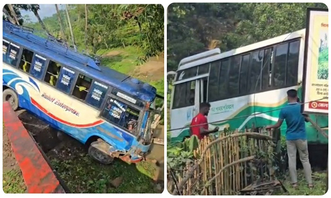 সিলেট বিমানবন্দর সড়কে সংঘাত এড়াতে একসাথে খাদে পড়ল দুই বাস