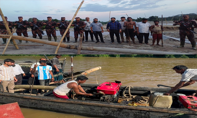 গোয়াইনঘাটে অবৈধ বালু উত্তোলনের বিরুদ্ধে টাস্কফোর্স অভিযান, ১৬ ড্রেজার ও নৌকা ধ্বংস