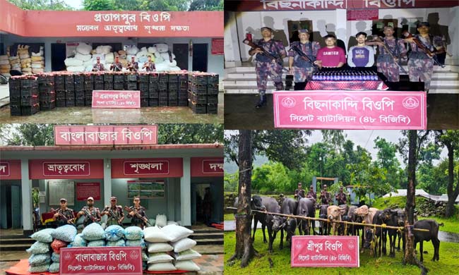 সিলেট সীমান্তে দেড় কোটি টাকার চোরাচালানি পণ্য জব্দ, ফেন্সিডিলসহ আটক ২