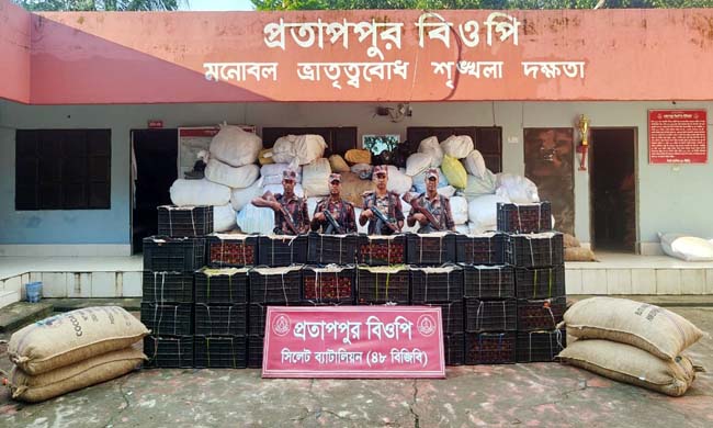 সিলেট সীমান্তে বিজিবির অভিযানে ৮৫ লাখ টাকার চোরাচালানী মালামাল জব্দ