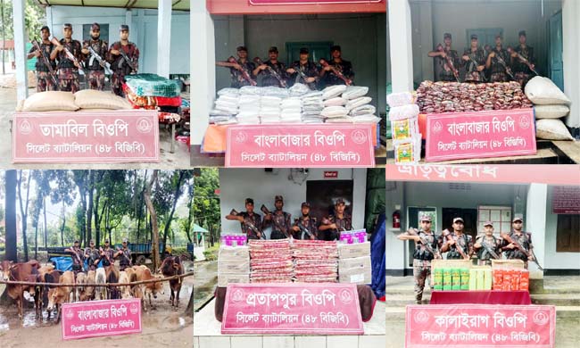 সিলেট সীমান্তে ১ কোটি ৮৬ লাখ টাকার চোরাচালান পণ্য আটক