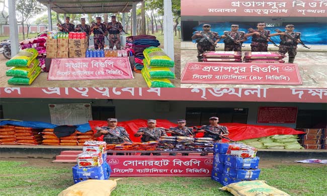 সিলেটে ১২ লাখ ৭০ হাজার ৩শ টাকা মূল্যের ভারতীয় চোরাচালানি পণ্য জব্দ